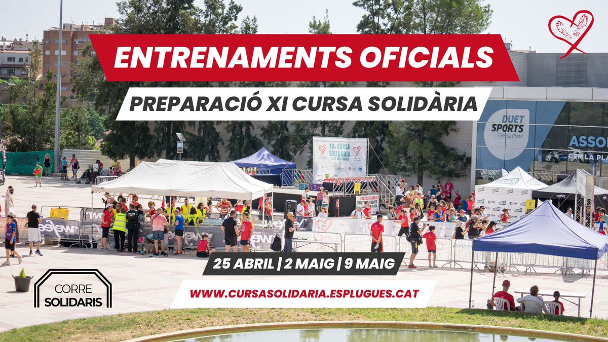 Entrenaments XI Cursa Solidària 🏃‍♀️

25 d'abril | 19:15 - 20:15
2 de maig | 19:15 - 20:15
9 de maig | 19:15 - 20:15

📍 Plaça Catalunya, Esplugues de Llobregat

Entrenaments dinamitzats per <a href="/corre_solidaris/">CorreSolidaris</a> 💪

#CursaEsplugues #CursaSolidaria #juntspelspetitsvalents #17A