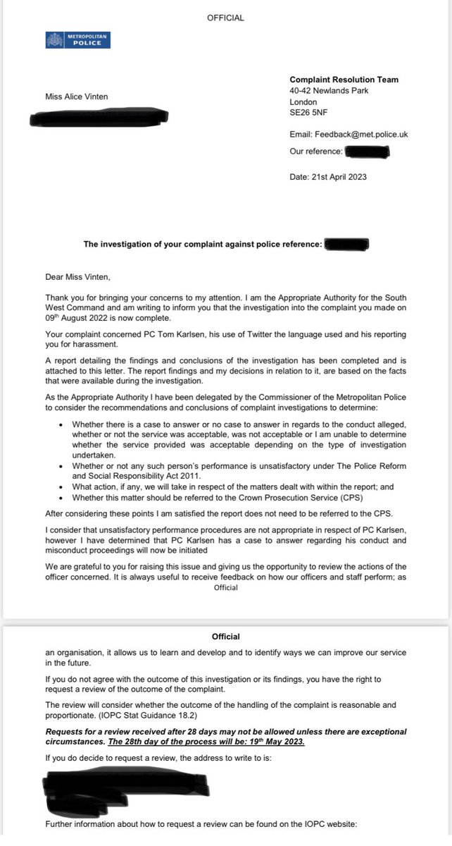 AVintenAuthor's tweet photo. I’ve now had the decision from the Met about my complaint against PC Thomas Karlsen - he will be facing a misconduct hearing. I first made a complaint about him in January 2022 after he told MOPs to stop using the ‘race card’ and women that they had ‘victim mentalities’ 1of.. https://t.co/HBO1BwV64q