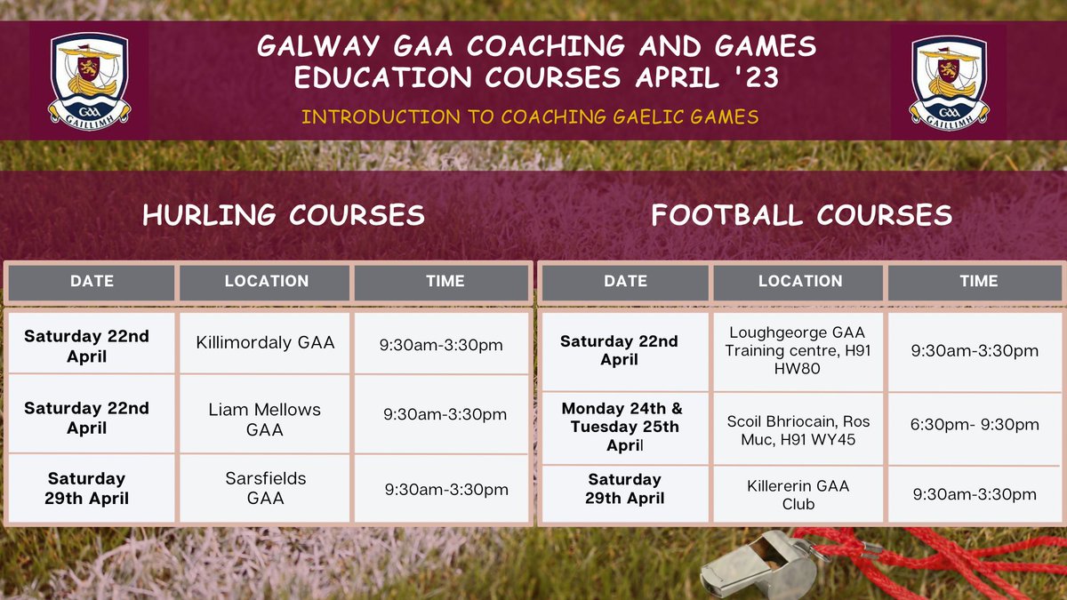 Busy day tomorrow with our @Galway_GAA Coach Education 📕Introduction To Coaching Gaelic Games ➡️ 3 Venues @liammellowsgaa , @KillimordalyGAA & Loughgeorge All venues are fully booked up. Good luck to everyone involved👏
