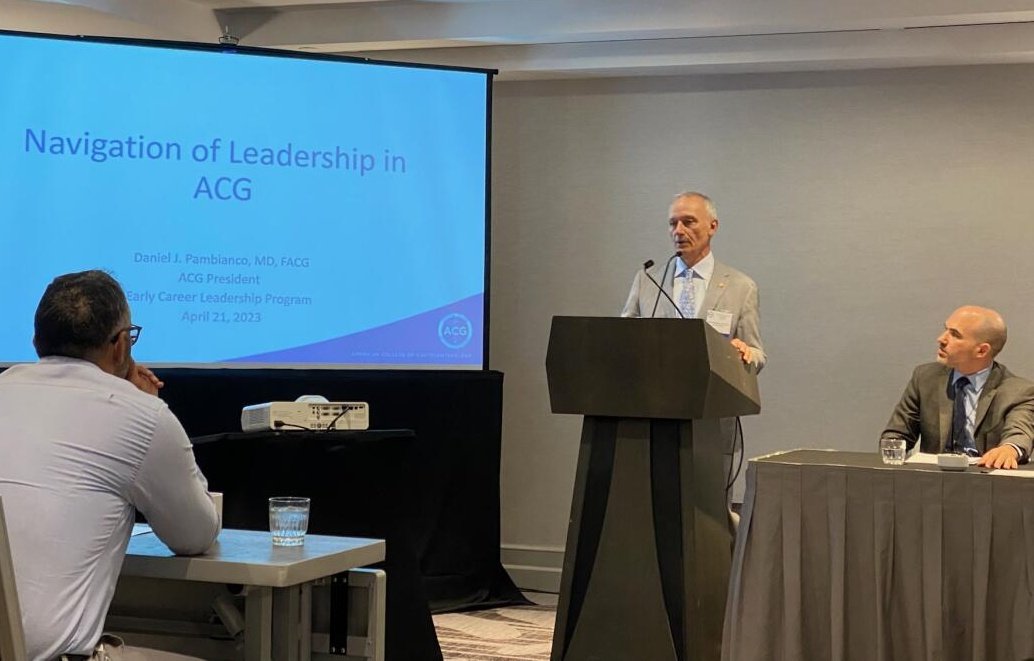 This morning, ACG President Dr. @DanielPambianco addresses the #ACGInstitute Early Career Leadership Program to share opportunities for growth in GI leadership through the College's initiatives, journals, committees, and more.

#FutureofGI #ECLP #LEECenter #ACGAdvocacyDay2023
