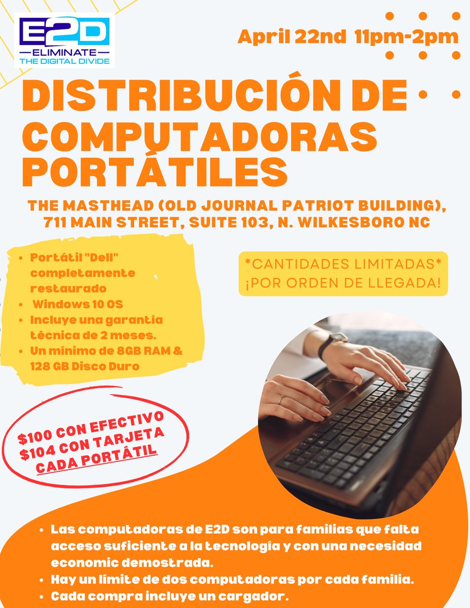 Wilkesboro, we've packed up our laptops and are coming your way this Saturday from 11am-2pm! Limited quantities are available and will be distributed on a first-come-first-served basis. Limit two devices per family! Only $100 cash, $104 credit card. 

All are welcome!
