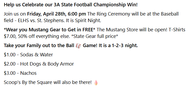ElhsSports's tweet photo. Looking forward to seeing all the Mustang Faithful, family and friends at the Corral!! @athleticselhs @eastlincolnfb https://t.co/WCRwgb6q3b