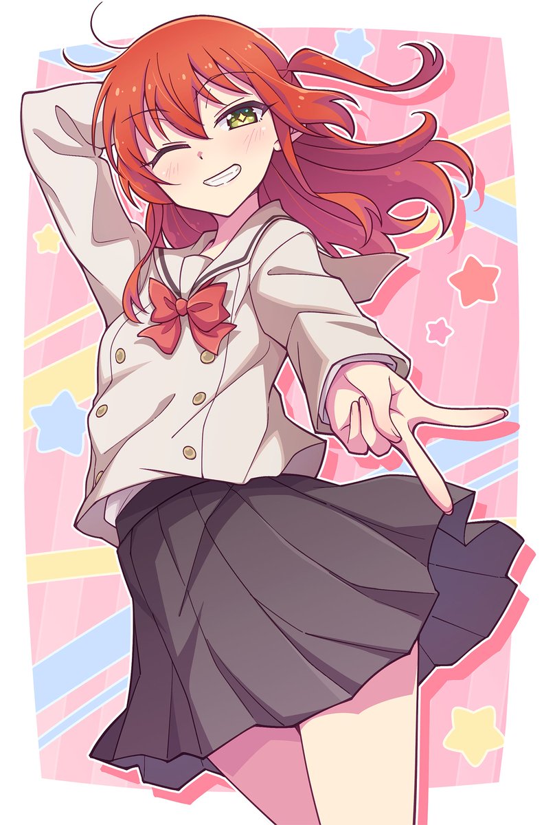 1girl school uniform one eye closed solo skirt smile red hair  illustration images