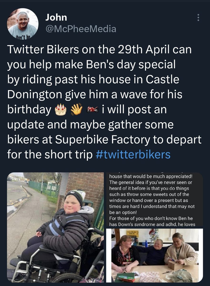 McPheeMedia's tweet photo. Twitter Bikers quick appeal for bike related stickers anything bike related you could please spare as gifts for Ben's Ride local lad im doing a bike ride past on his birthday on Sat 29th 2:30 Superbike Factory April Dm for address 😉 🏍👍 thanks to the bikers looking to join me https://t.co/LKAmhAtdOP