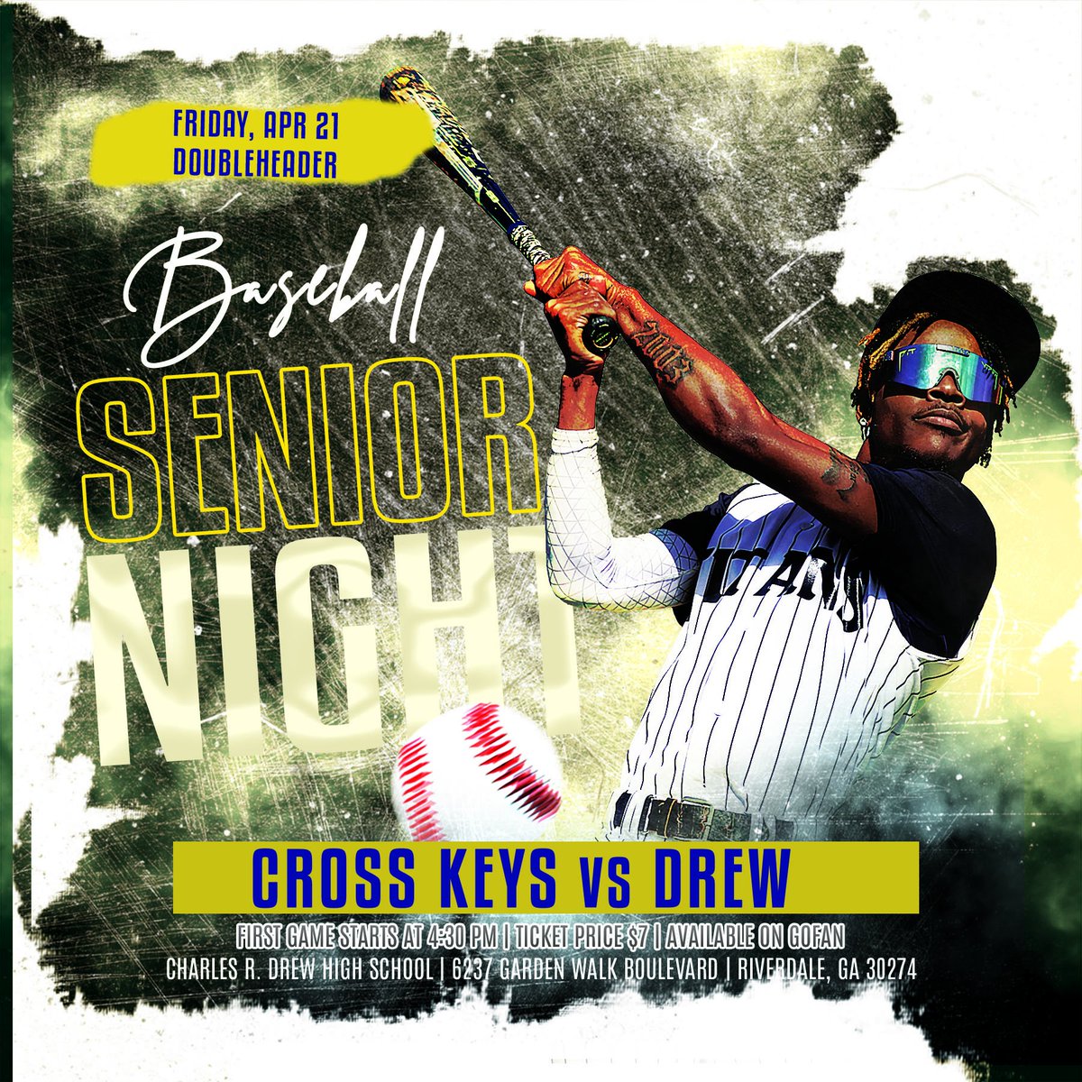 📢 It's Game Day📢
🥳 Senior Night - 🎓 2⃣0⃣2⃣3⃣
Drew vs Cross Keys - Double Header
📆 Friday April 21, 2023
⏰ 4:30pm
📍 Charles R. Drew High School
💵 $7.00
🎟️ gofan.co/app/school/GA2…
#TitanTough⚔️ #WinTheInning