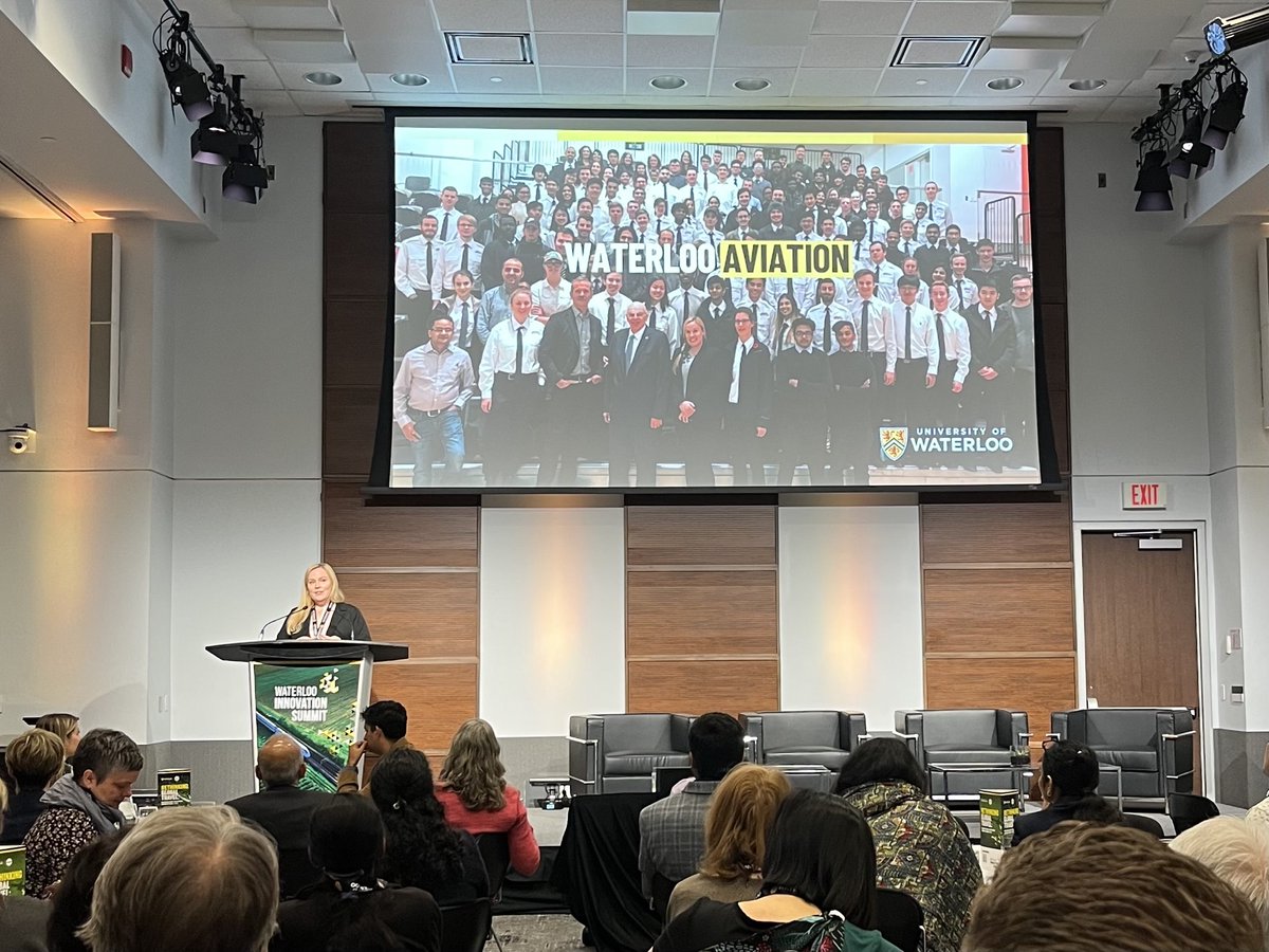 UWaterloo's tweet photo. Suzanne Kearns (@skearns4), Professor in @envwaterloo and the Director of @WISA_UW joins the #UWaterlooSummit and shares with attendees the question she's trying to answer: "Is it possible to love aviation and love the planet at the same time?" https://t.co/2b7QlqUd9a
