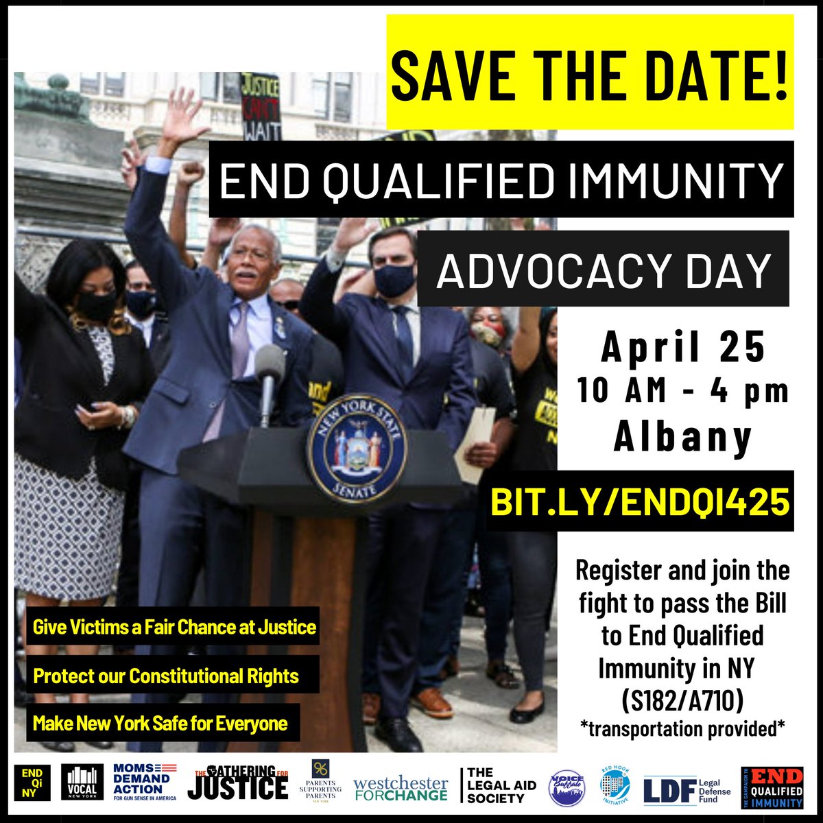 ✅Protection of our civil rights
✅Justice for victims and survivors
✅A safer New York 

❌Qualified Immunity 

Sign up to join the fight in Albany next Tuesday! Bit.ly/endqi425