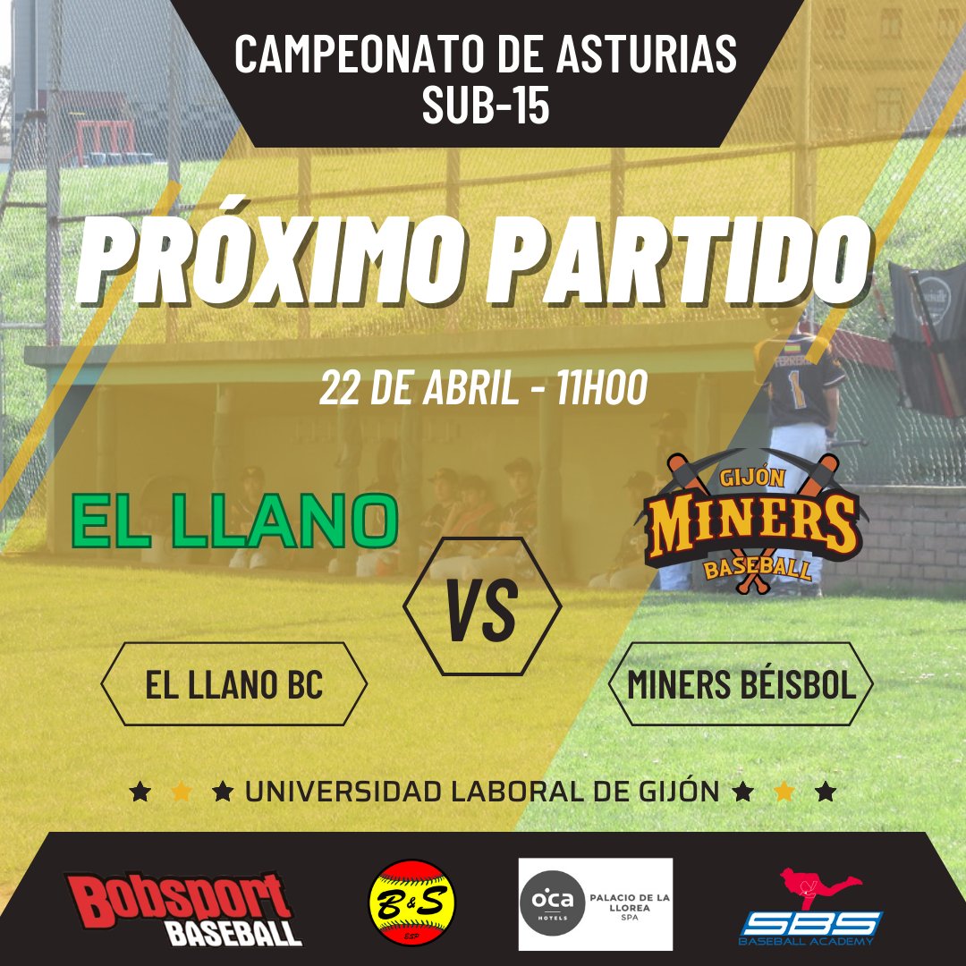 Este sábado volvemos a los terrenos de juego!! Partido del Campeonato de Asturias Sub15, frente al
<a href="/llanobeisbol/">El Llano BC</a>, en la Universidad Laboral de Gijón, a las 11h. No te lo pierdas y ven a animarnos!!
#SomosMiners 🖤💛⛏️