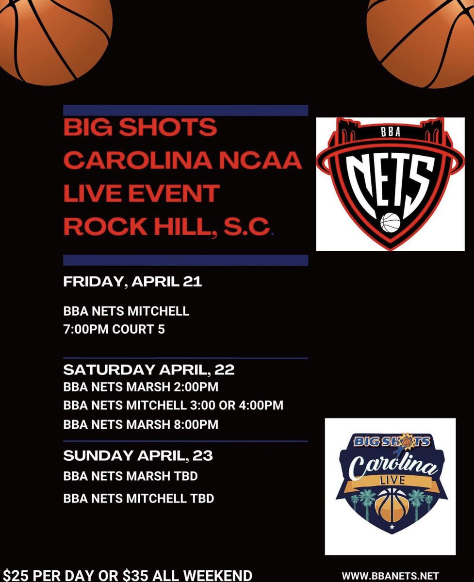 BBA Nets 16u and 17u live this weekend at the Big Shots Carolina Live! College Coaches check us out 🏀🏀@BigShotsGlobal @bba_exposure