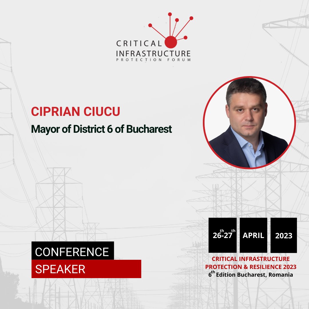 CipForum's tweet photo. We have the privilege to announce Mr. @CiucuCiprian , Mayor of District 6 of Bucharest, as a speaker during @CipForum - Critical Infrastructure Protection &amp; Resilience Europe 2023.
Discover more about the event here: https://t.co/4PIg7yVTXL
#CIPForum #CIPForum6 https://t.co/ajx51bRPUJ