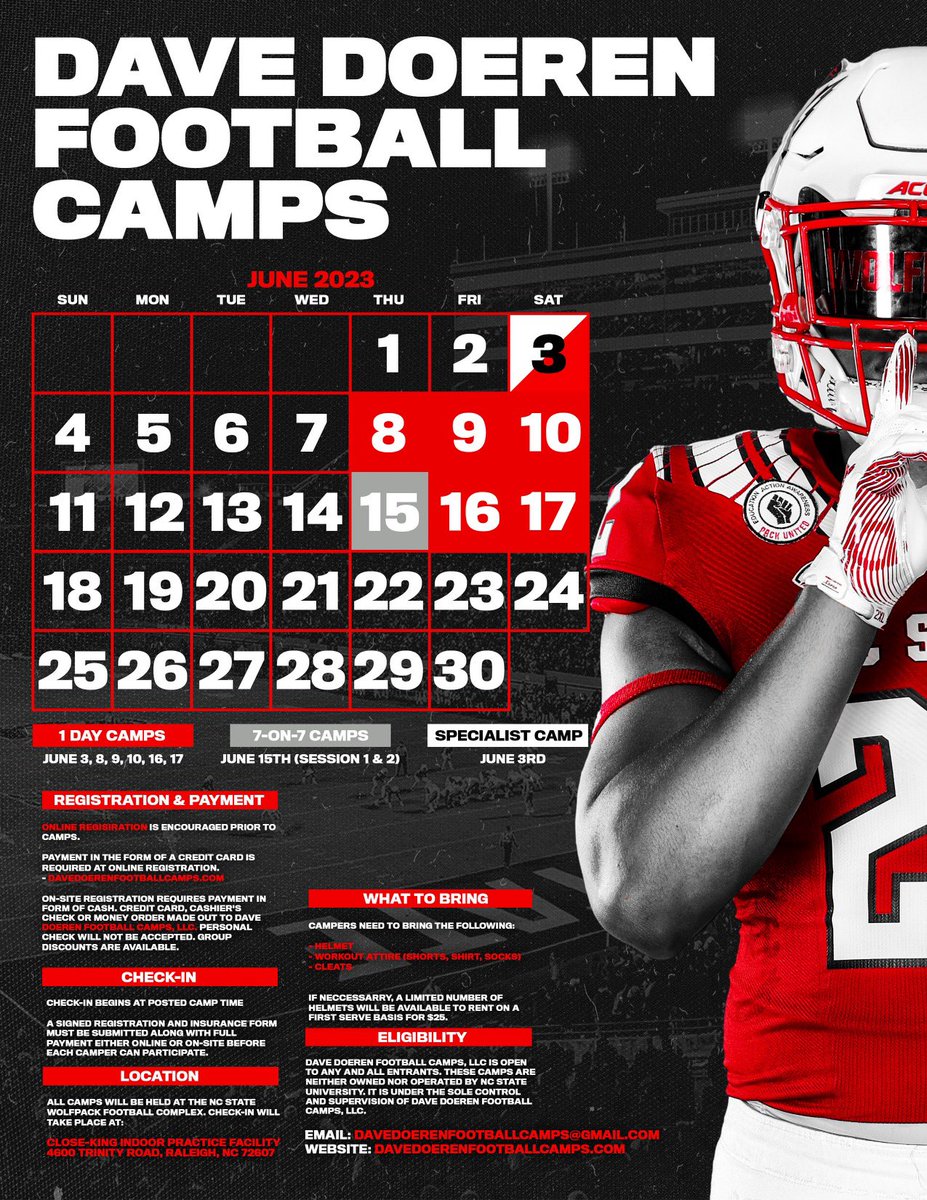 NC State Football Camps are right around the corner! Sign up now!!! Our coaches, staff, and players look forward to working with you!