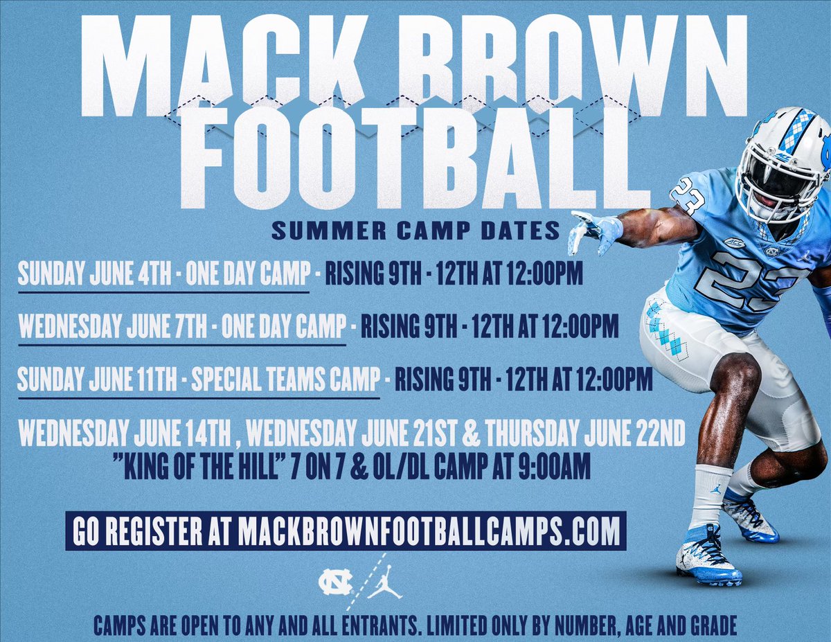 Looking forward to seeing some of the best high school players this summer and maybe some future Tar Heels! Register now at mackbrownfootballcamps.com