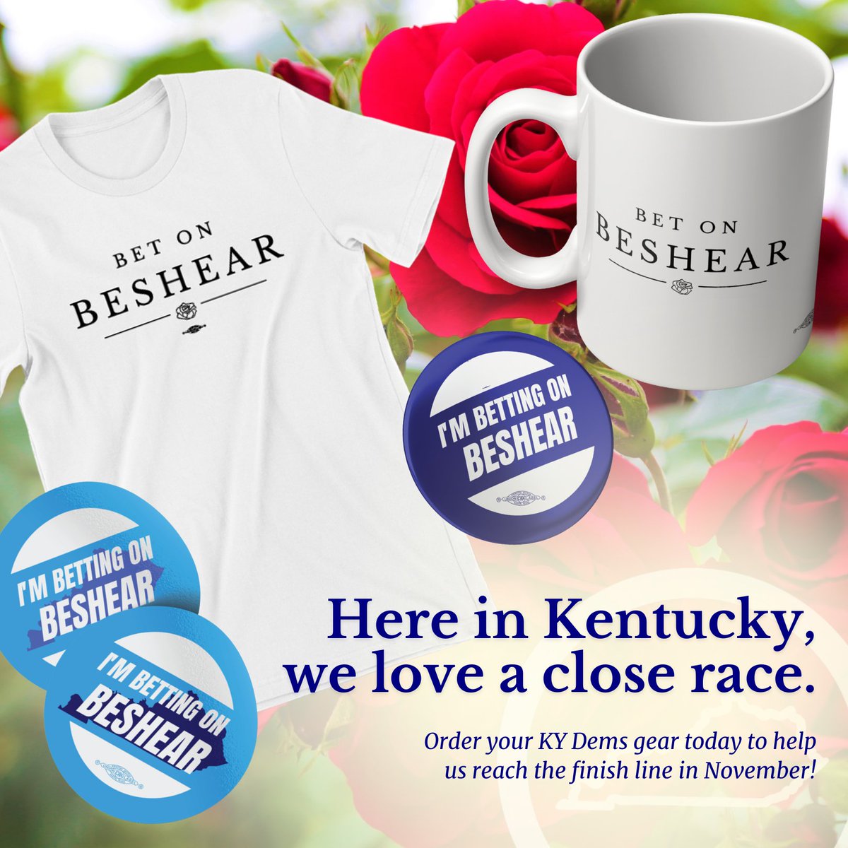 KyDems's tweet photo. It's that time of year! 🏇

Gear up for both of the biggest races in Kentucky this year with our brand-new “Bet on Beshear” merch.

Order yours today: https://t.co/kl9r61PpGl https://t.co/Il1oJW4By6
