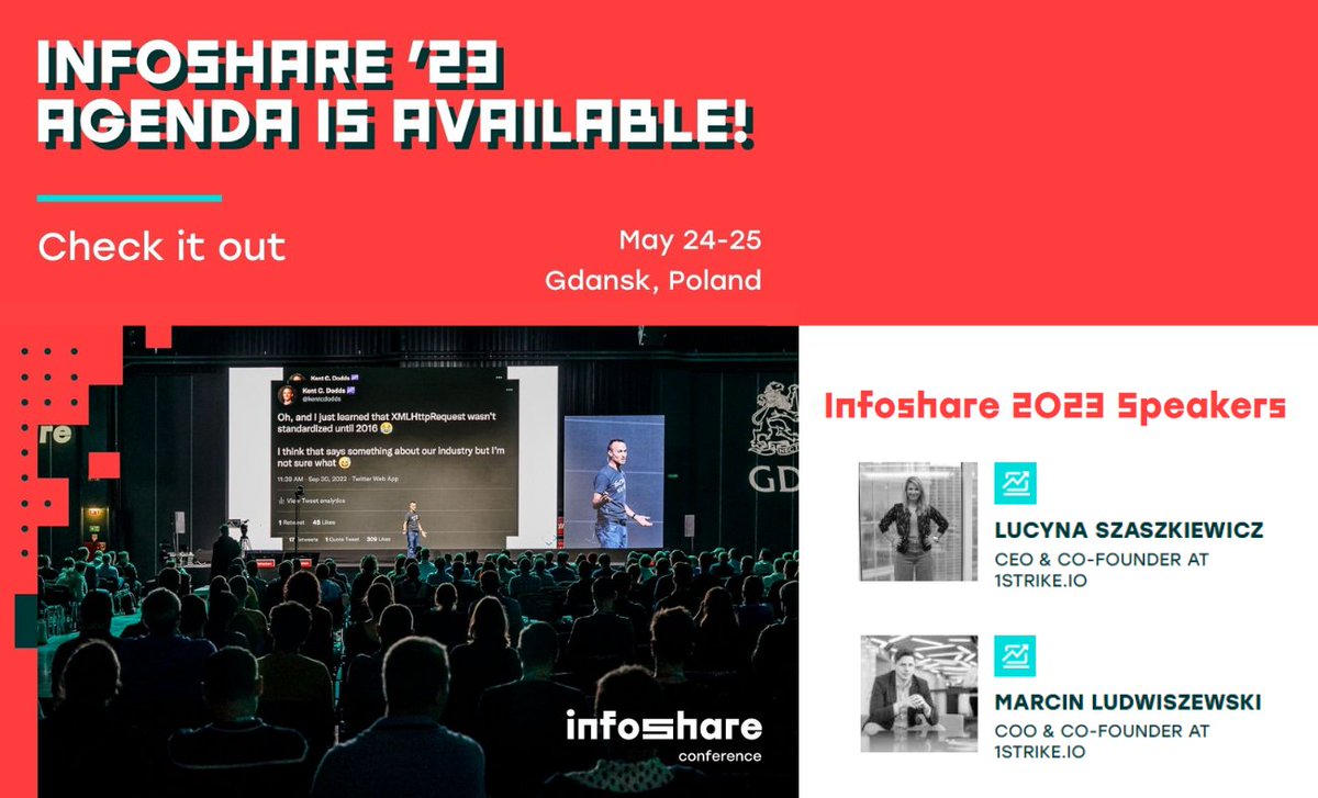 1Strike_io's tweet photo. Infoshare 2023 agenda is available💥

Among the speakers will be our Co-founders - CEO Lucy Szaszkiewicz and COO Marcin Ludwiszewski! We invite you to take part in the conference, more details coming soon!

More > https://t.co/xeQD7lU8qF
#Infoshare #Infoshare2023 #cybersecurity https://t.co/p4XKumGpWc