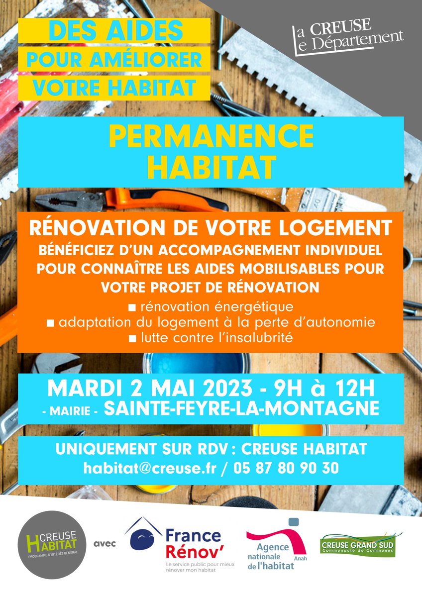CreuseGrandSud's tweet photo. 🏠 Permanence #CreuseHabitat à  📍 #SainteFeyreLaMontagne 📆 mardi 2 mai de 9h à 12h sur rendez-vous.

👉  Plus d'infos https://t.co/SCVtvL5HzW

#CD23 #FranceRenov #Anah #CreuseGrandSud 
#Habitat #Rénovation #NRJ #Transition #Autonomie #Insalubrité #Indignité https://t.co/FKLhaLnhY5