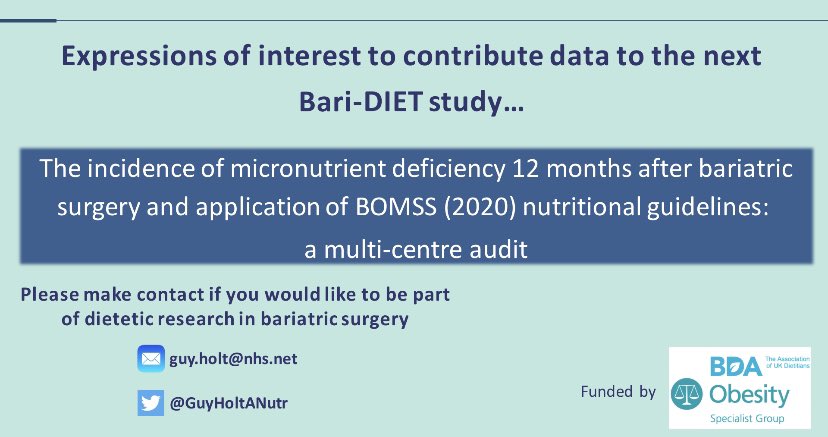 Do you want to be part of dietetic research in bariatric surgery? We are currently recruiting centres to take part in our National audit funded by @BDA_Obesity…please get in touch if interested! @sallyabbottRD @BrownAdey @BDA_Dietitians @bariatricBOMSS #bariDIET