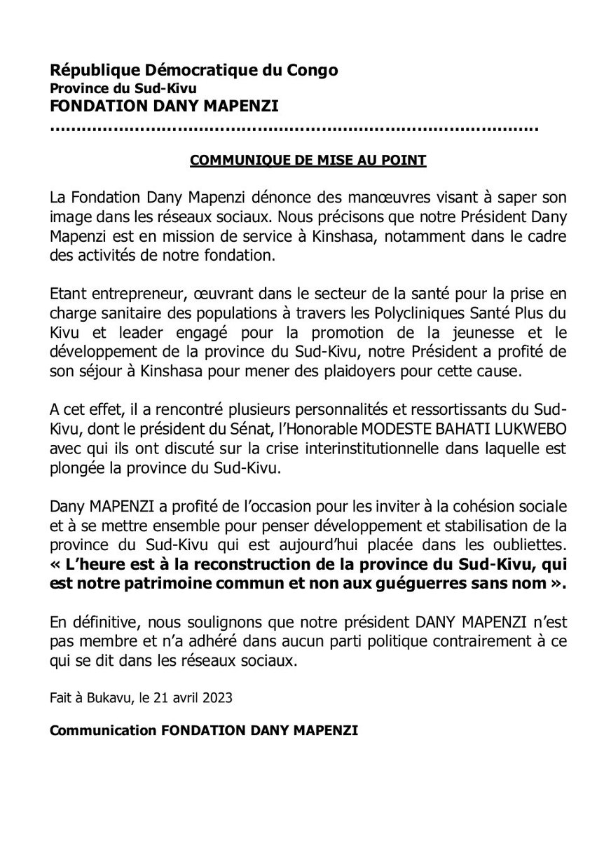 DannyMapenzi's tweet photo. Je précise que je ne suis pas membre et n'ai adhéré dans aucun parti politique contrairement à ce 
qui se dit ds l réseaux sociaux. J suis à #Kinshasa pr une mission professionnelle et je profite pr prêcher l'unité, la paix et le dvpt du #SudKivu, notre patrimoine commun https://t.co/zc5jSoxITy