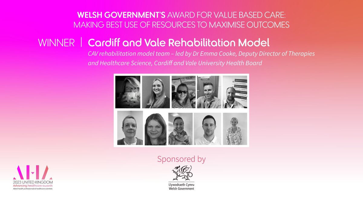 AHAwards💙 (@ahawards) on Twitter photo Congratulations to the winners of the Welsh Government's award for Value Based Care - the Cardiff & Vale Rehabilitation Team <a href="/CV_UHB/">Cardiff and Vale University Health Board</a> – very well done! @HCS_Cymru
<a href="/AHP_Cymru/">AHP Cymru</a> <a href="/RuthCr/">Ruth Crowder</a> <a href="/RobLOrford/">Rob Orford</a>
<a href="/WGHealthandCare/">Welsh Government Health and Social Care</a> Congratulations to the winners of the Welsh Government's award for Value Based Care - the Cardiff & Vale Rehabilitation Team <a href="/CV_UHB/">Cardiff and Vale University Health Board</a> – very well done! @HCS_Cymru
<a href="/AHP_Cymru/">AHP Cymru</a> <a href="/RuthCr/">Ruth Crowder</a> <a href="/RobLOrford/">Rob Orford</a>
<a href="/WGHealthandCare/">Welsh Government Health and Social Care</a>