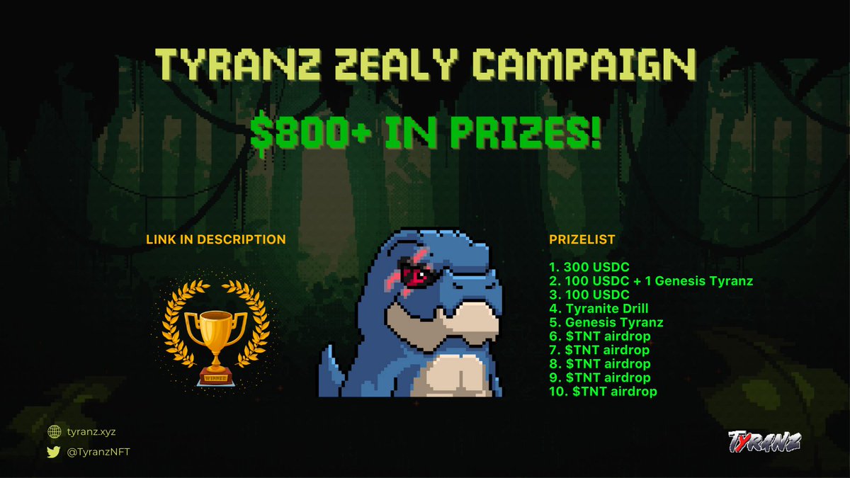 TyranzNFT's tweet photo. Our Zealy (Crew3) second round is now online!  

🏆$800+ in prizes ($500 in USDC)  

Join our ranks and spread the word! Link: https://t.co/ILrIak1MNW

Plus, our premint raffle for 5 Genesis Tyranz AIRDROP is still active: https://t.co/iSjTJ95UHH

Good luck Tyranz!🦖🍀 https://t.co/peziTg1td1