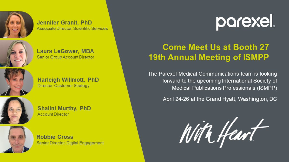 The Parexel Medical Communications team is exhibiting at #ISMPPAnnual2023 in DC! Come find us at Booth #27 or during our parallel session, roundtable, or at the poster presentation reception - We’d love to see you there! #MedPubs #MedComms #MedicalAffairs #MedicalCommunications