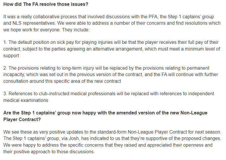 The FA has made amendments to the standard Non-League Player Contract to try and address players' concerns.  

The comments below are from The FA’s director of professional game relations, Andy Ambler.  

More here: thefa.com/news/2023/apr/…