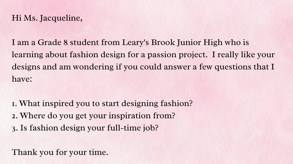 Hi <a href="/meljacdesigns/">Melanie Jacqueline</a>, we have a student learning about fashion design who has been inspired by your work. She is hoping you could answer a few questions for her. Thank you!  <a href="/learysbrook/">Leary's Brook Jr High</a>