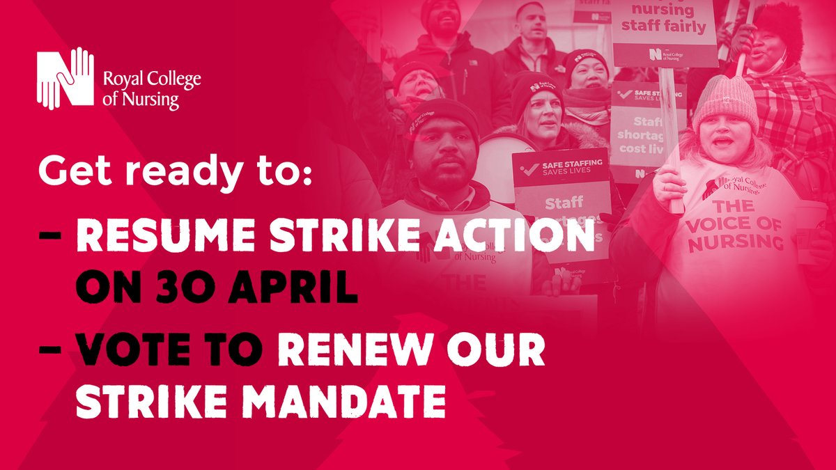 theRCN's tweet photo. Members across England - get ready for the #RCNStrike and upcoming ballot:

✔️ If you're employed where there's a mandate, tell your employer you'll be striking from 30 Apr - 2 May

✔️ If you're on an AfC contract in England, make sure we know: https://t.co/m7HTsqOchQ https://t.co/ES5E9q4POO