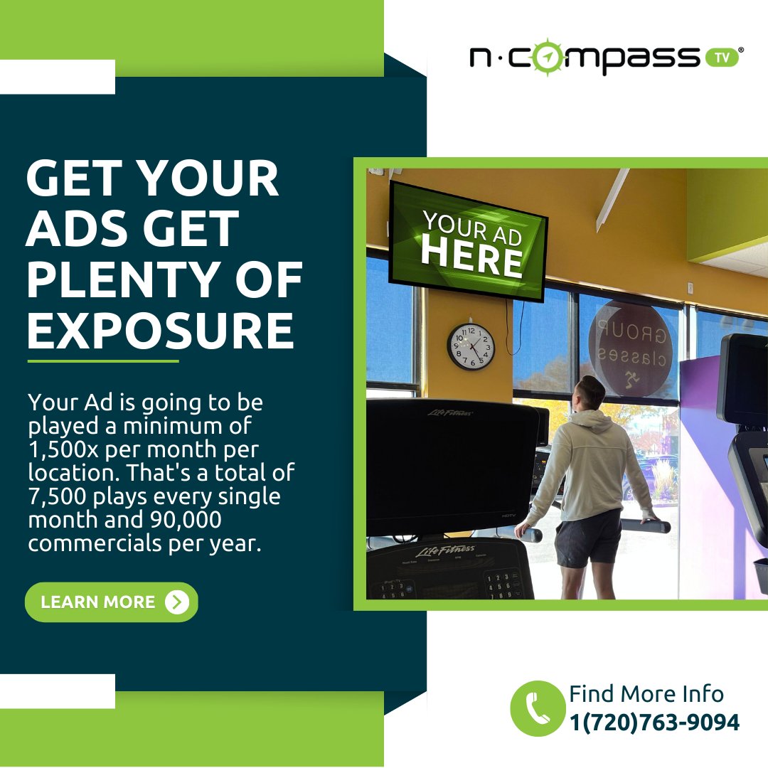 NCompassTV's tweet photo. You're not going to believe this, but…

Indoor Digital Billboards have an average of 1,500x per month per location. That's a total of 7,500 plays every single month and 90,000 commercials per year. 🤯

That's a lot of exposure! 🤩 https://t.co/u5J6KH8wmj