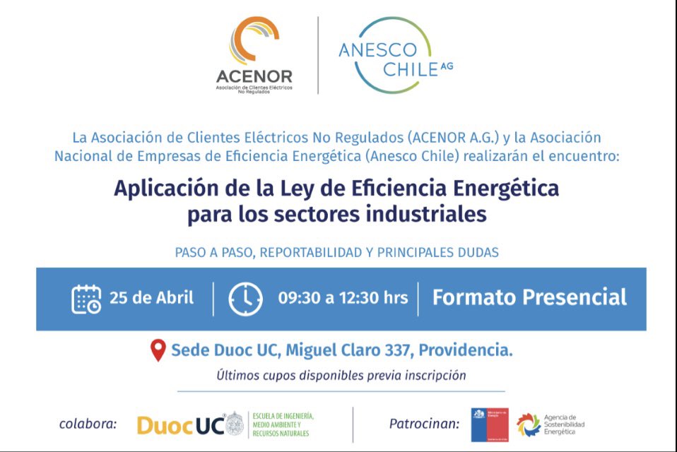 ANESCOCHILE's tweet photo. No te quedes fuera!! Inscríbete ya!! Especial para grandes consumidores que deben cumplir con la ley de #EficienciaEnergética https://t.co/Bf0cg49Tf0 https://t.co/YSAPHqmsYf