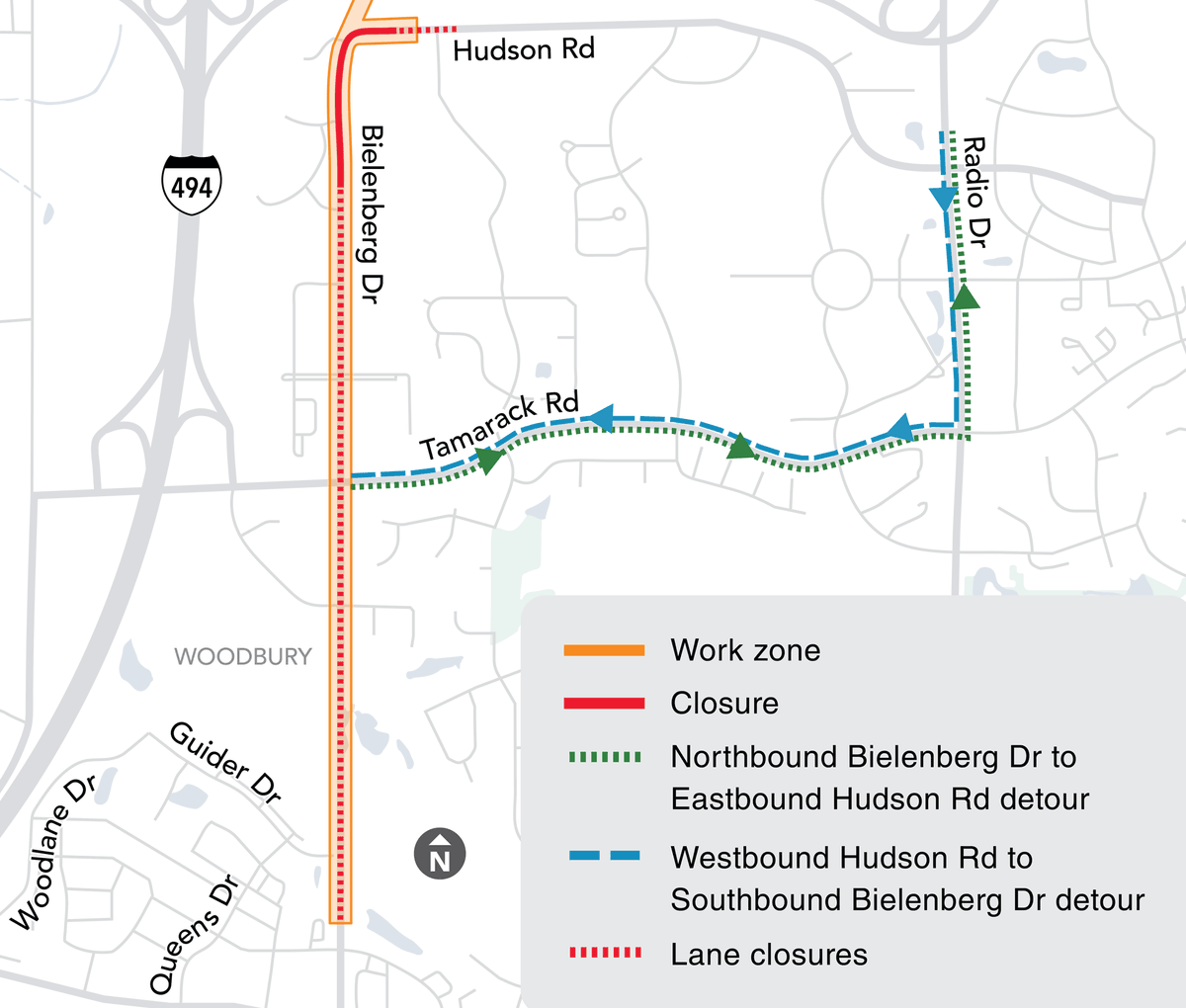 GoldLineBRT's tweet photo. Lane closures on Bielenberg Dr. between Hudson Rd and Guider Dr. start Sunday. Traffic will be reduced to one lane in each direction and moved to the east side of the road. Expect temporary signal changes at Tamarack Rd. early next week. https://t.co/5Fi110ApCx