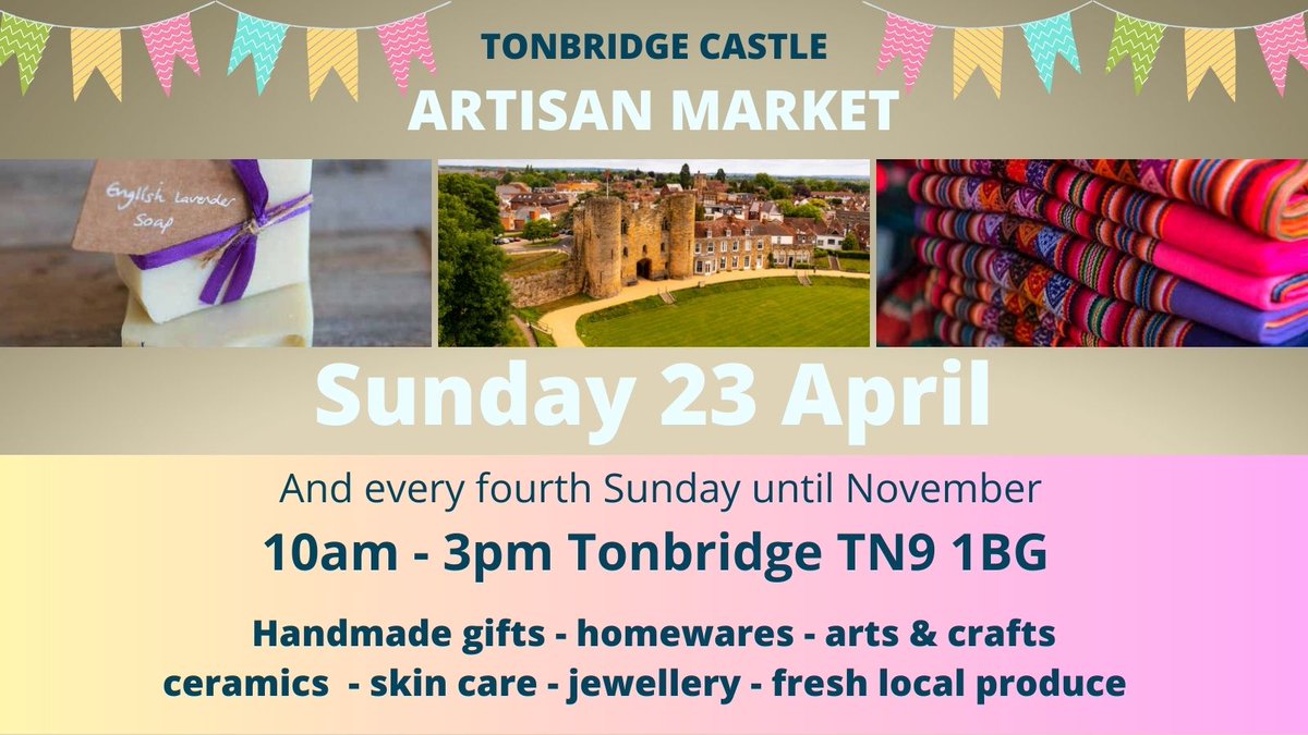 TMBC_Kent's tweet image. Tonbridge Castle Artisan Market returns on Sunday 23 April 10am -3pm. Browse indoor and outdoor stalls from independent makers and producers selling a range of one-off finds and delicious local fare. Free entry. orlo.uk/EhrnH
#kentevents #tonbridge #artisans