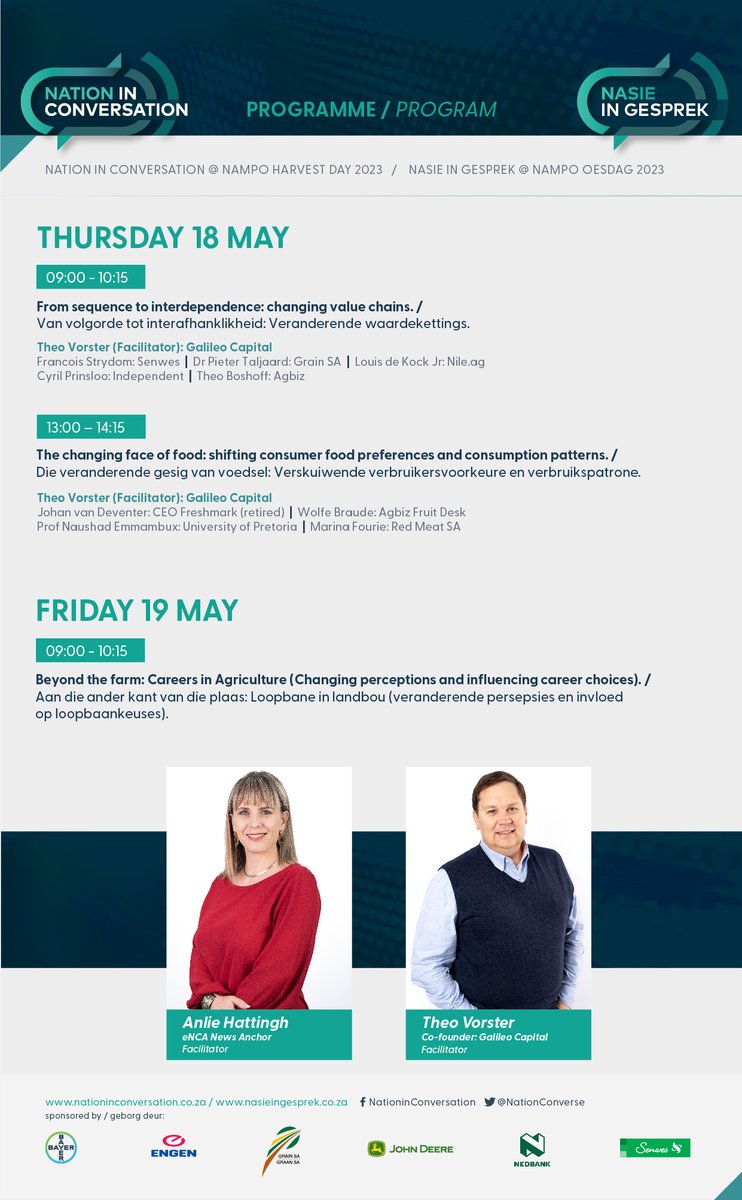 NationConverse's tweet photo. Have a first look at our Nation in Conversation programme for Nampo Bothaville 2023.
With the overall topic โadapt or dieโ this yearโs conversations focus on how we can survive and thrive over decades and generations.
See you there!
#NIC2023 #Nampo2023 #NationInConversation https://t.co/y1jlDwWqAj