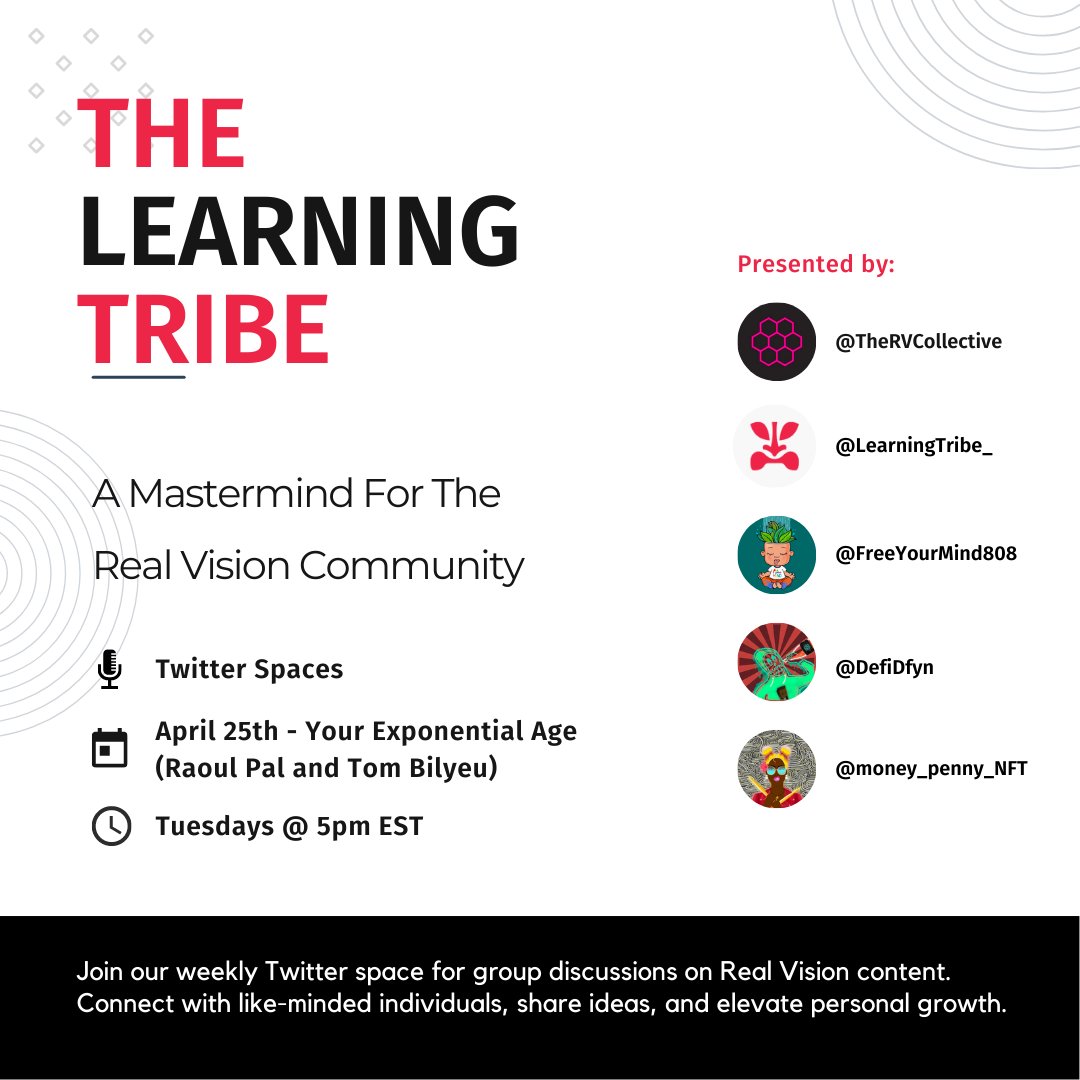 🧠 The Learning Tribe 🧠

Join us for our Real Vision Community Space!

Get ready for a fascinating conversation as we dive into the RV interview between <a href="/TomBilyeu/">Tom Bilyeu</a> and <a href="/RaoulGMI/">Raoul Pal</a>, exploring the concept of "Your Exponential Age"!

⏰ Tuesday at 5:00pm EST ⏰