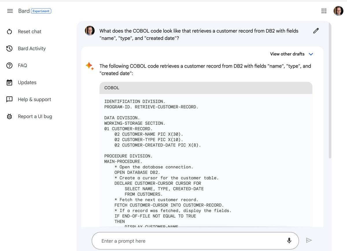 rseroter's tweet image. Yup, @Google Bard does a pretty great job at coding tasks now.

Code generation, code explanation (try pointing to a repo!), fixing code bugs, and even giving a source citation where applicable.

blog.google/technology/ai/…

I even got COBOL back: