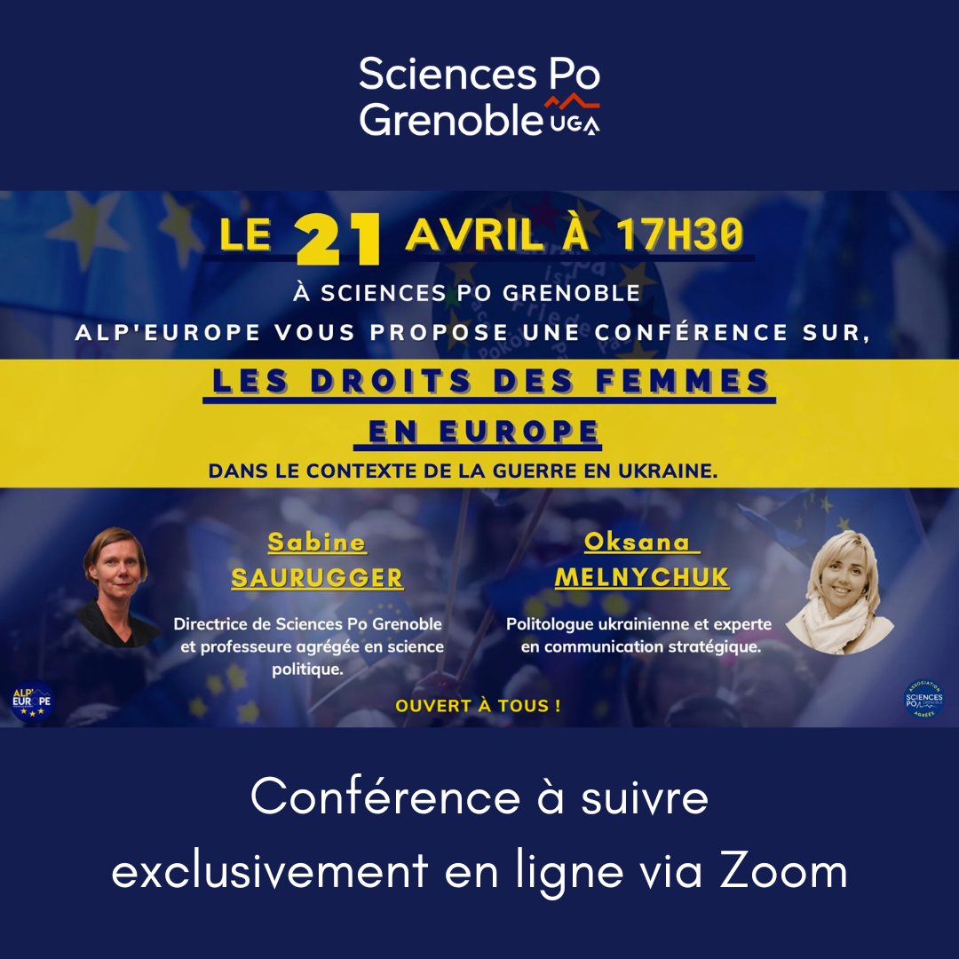 [CONFÉRENCE 🎤]
Contrairement à ce qui a été annoncé, la conférence de ce soir se déroulera uniquement en distanciel ⚠️

LIEN ZOOM 📺 : sciencespo-grenoble-fr.zoom.us/j/98470362741?…

Les droits des femmes en Europe
Dans le contexte de la guerre en Ukraine.

<a href="/SSaurugger/">Saurugger S</a> 
#droitsdesfemmes #UkraineWar