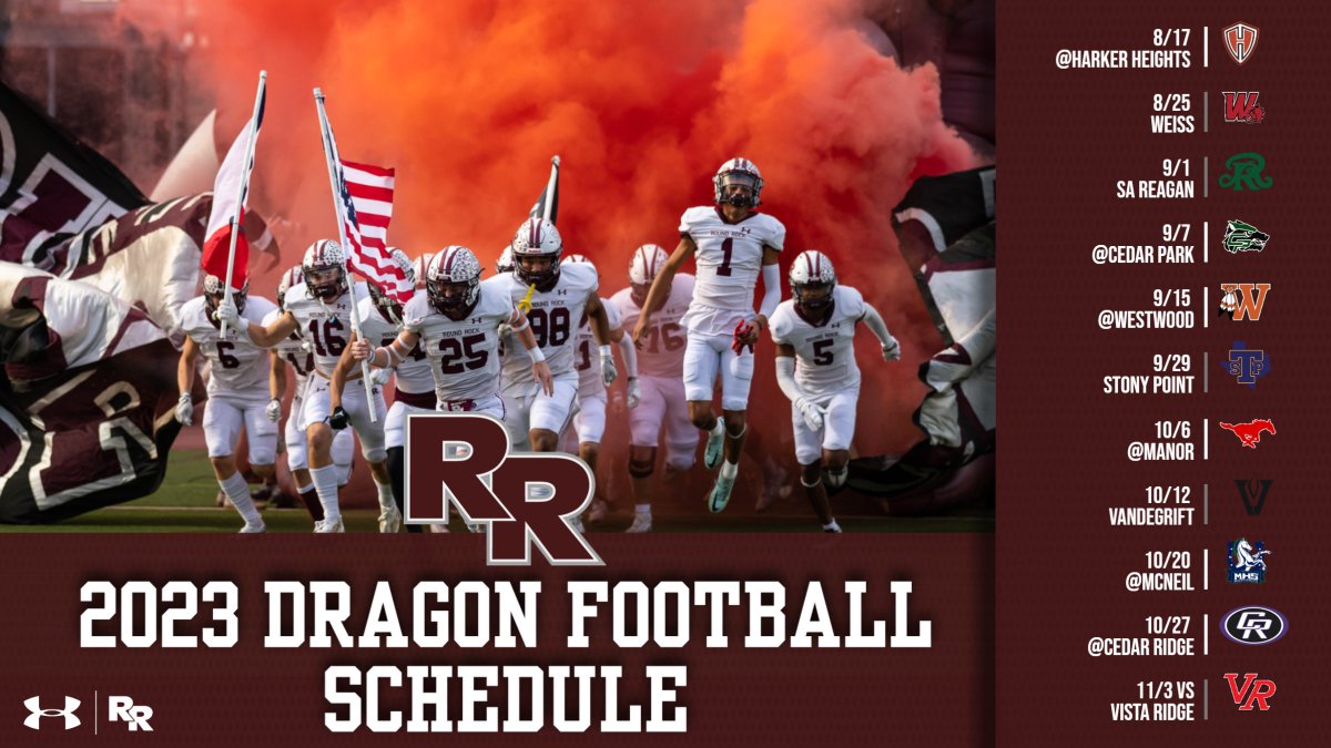 Excited to announce our 2023 Dragon Football Schedule! Go Rock! Details ⬇️ 

Harker Heights (Scrimmage):🛡️
Weiss:🐺
SA Reagan: 🐍
Cedar Park:🐺
Westwood:🏹
Stony Point:🐯
Manor:🐴
Vandegrift:🐍
McNeil: 🐴
Cedar Ridge:⚔️
Vista Ridge:🤠

#BREAL #WIN