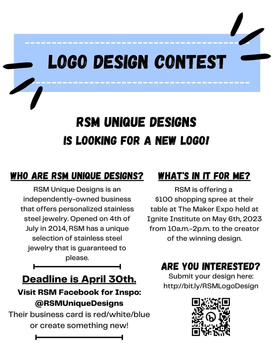nkymakerspace's tweet photo. There's still time to win $100 to spend at the Maker Expo! Looking for a design challenge? Maker Expo artist RSM Unique Designs is looking for a new logo! To submit your design, scan the QR code or go to https://t.co/K4Zu86ktwC @IgniteAtRIC 
@Boone_County @TheKCSD @MakerExpo https://t.co/Emkiy7D7q1