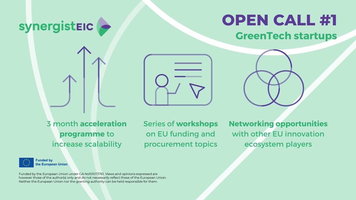 synergistEIC's tweet image. 📢 GreenTech #startups what’s in for you ? ♻
We offer up to 💰 €50K in grant #funding.
and 6-months needs-based support services
🌱All information on our website: lnkd.in/dV6i9uu3
🌱 Submit your #application: lnkd.in/dbsYzHuR
@EU_EISMEA @EUeic @StartUpEU