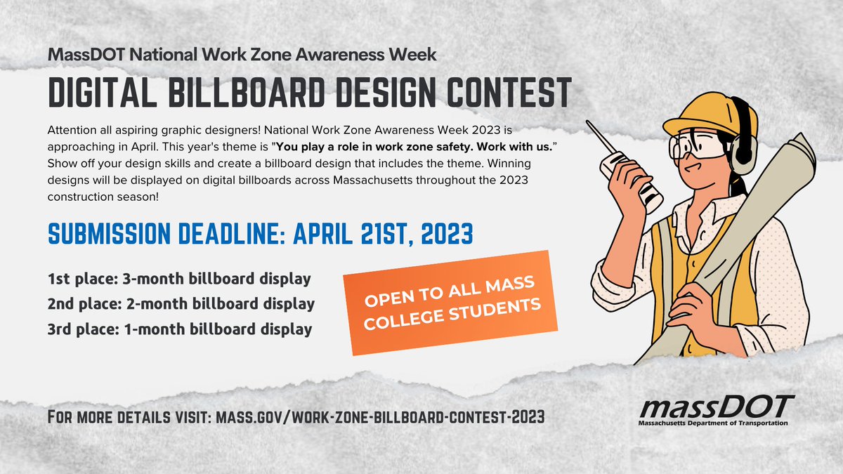 Last chance!!! ⏰

MA college students: TODAY (4/21) is the final day to submit your designs for the work zone safety billboard contest!! Entries accepted until 5PM. 
Don't miss the chance to see your design on highway billboards this summer: mass.gov/work-zone-bill…