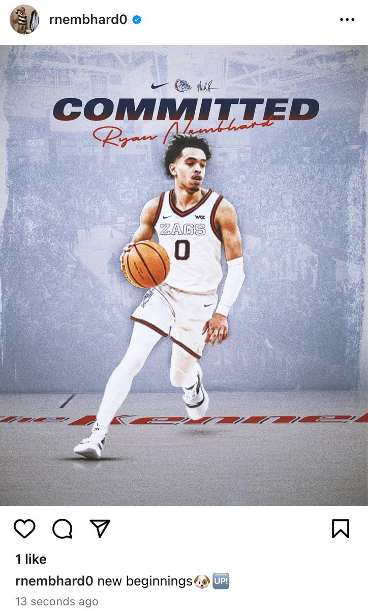 TheoLawson_SR's tweet photo. Ryan Nembhard makes it official, follows in his brother Andrew’s footsteps and commits to #Gonzaga.

Significant morning for Bulldogs adding two of the top players in the portal. https://t.co/JmuUdzqaJv