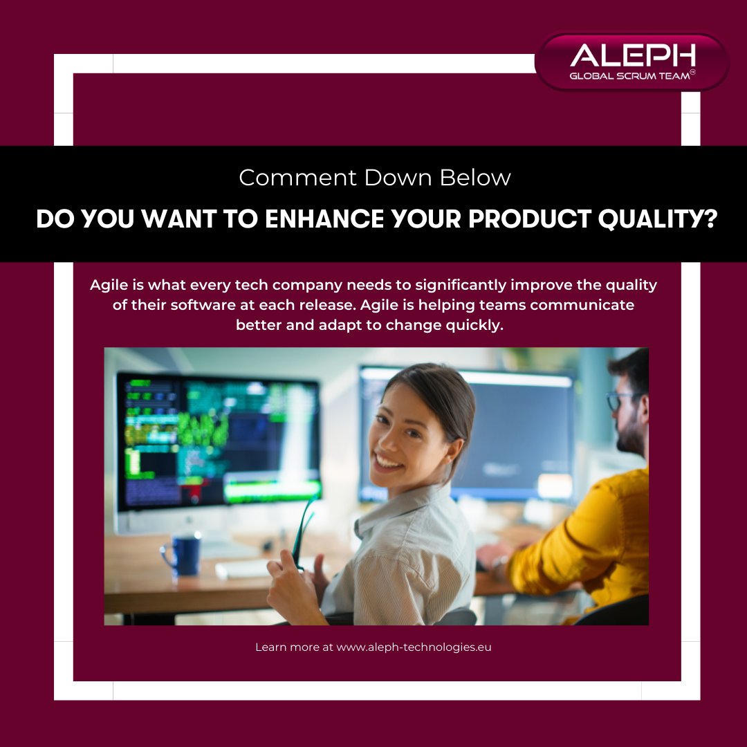 AlephEurope's tweet photo. Do you work in the software industry? 

Agile can help you significantly improve the quality of your software at each release. 

Visit https://t.co/tMYJ8L1hk6 to learn more. 

#agile #scrum #agiletransformation https://t.co/Bc9H1784oT