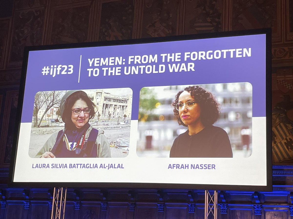 KerryAlexandra's tweet photo. Another remarkably insightful #ijf23 session yesterday. This time on #yeman ‘the unreported rather forgotten war’, the reasons behind it and the effects of it from @Afrahnasser and Laura Silvia Battaglia Al-Jalal #Perugia https://t.co/7quXulBEZu
