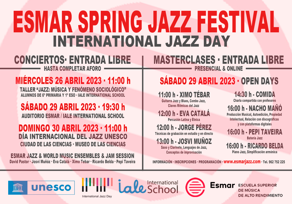 esmar_jazz's tweet photo. ESMAR se une a la celebración del Día Internacional del Jazz con el ESMAR SPRING JAZZ FESTIVAL, que ofrecerá Conciertos, Masterclases, Talleres, y jam sessions con alumnos y profesores de la especialidad de jazz y música moderna de ESMAR. https://t.co/Y34URMXlPa https://t.co/G39v4oDLiH