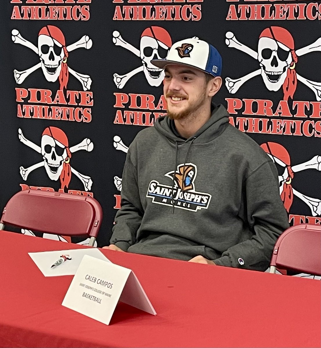 Caleb Campos is all smiles Friday after signing his letter to play basketball at St. Joseph’s (Maine). He will also play baseball and golf. #SunPreps