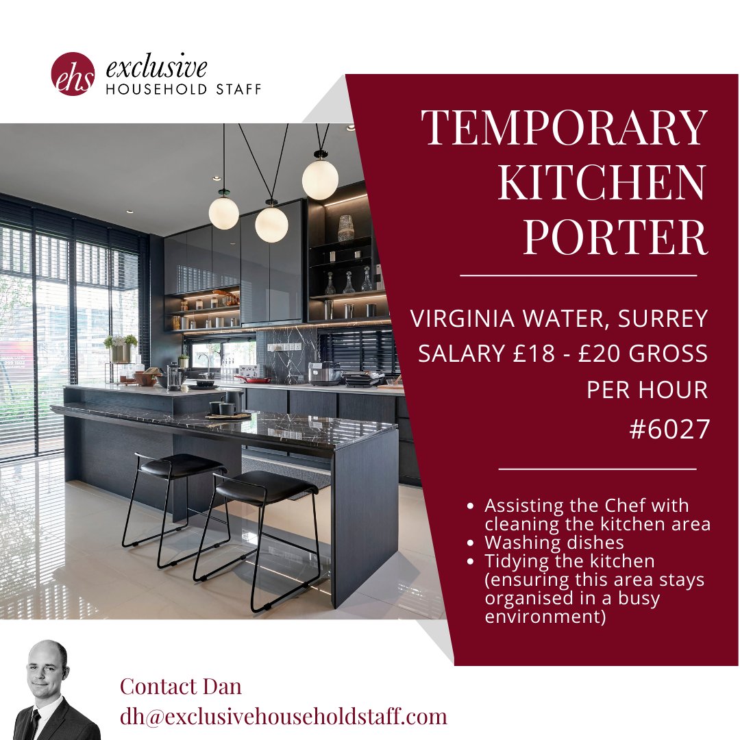 EHS_Recruitment's tweet image. Our client, with a residence in Virginia Water, Surrey is looking for a Live-out Kitchen Porter to start April until October.

exclusivehouseholdstaff.com/vacancies/view…

#kitchenporter #kitchenporterjobs  #kitchenjob #householdstaff #privatestaff #privatestaffing #ehs #ehsjobs