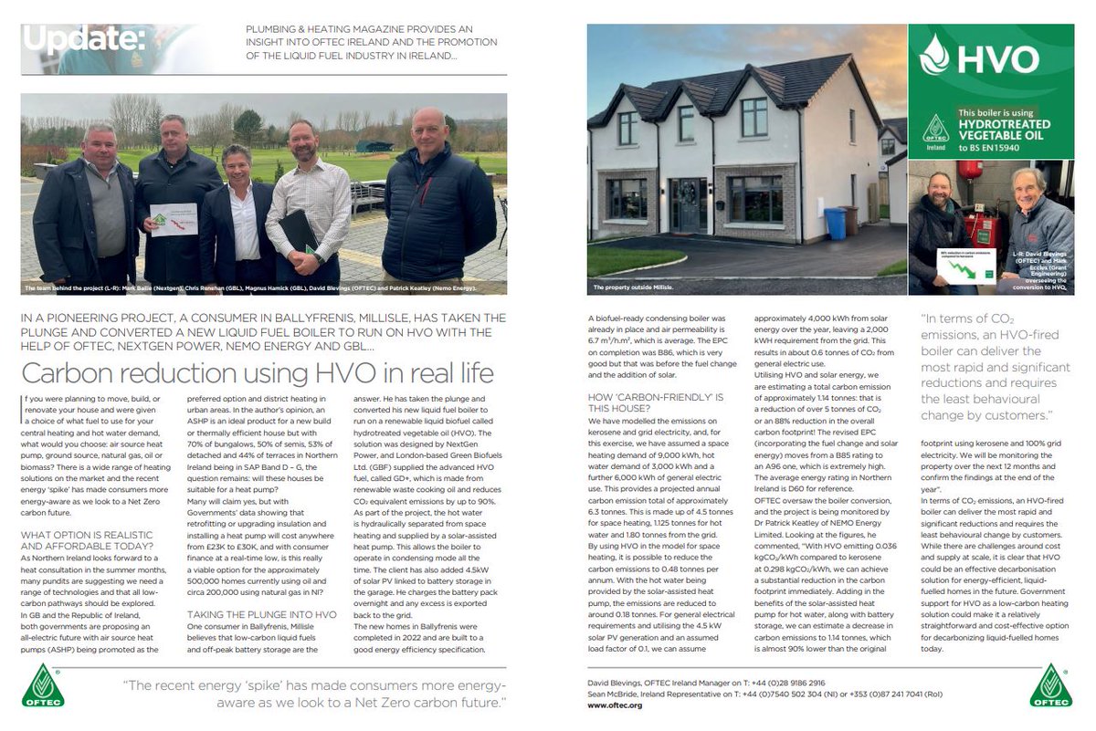 OFTECIreland's tweet photo. Interesting read in @plumbingmag on how one NI homeowner is on course to reduce their emissions by approx. 88% after converting their boiler to run on #HVO with hot water from solar-assisted heat pump. Read how #OFTEC played our part in the process here https://t.co/hnfeZ3gRmx https://t.co/WKNkboy0Yb