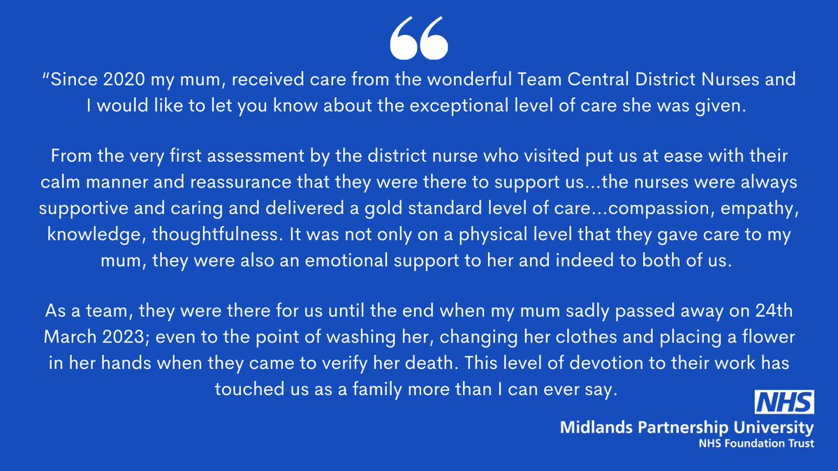mpftnhs's tweet photo. Proud to share this week's #feedbackfriday compliment, just an extract of a lovely letter from the family of a patient of our Newcastle Central District Nursing Team.

Well done team! 👏💙 #MPFTValues #CaringAndCompassionate #Respectful #ListenAndEngage #HonestAndTrustworthy https://t.co/Dh456NuQfX