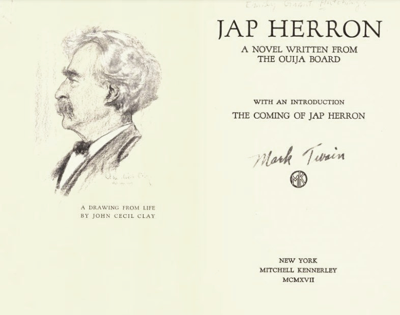 Mark Twain died #onthisday in 1910. The best known of his books is Huckleberry Finn, not so well known is Jap Herron which, according to a woman named Emily Grant Hutchings, he dictated from beyond the grave via a ouija board... buff.ly/2XW7S9q #OTD