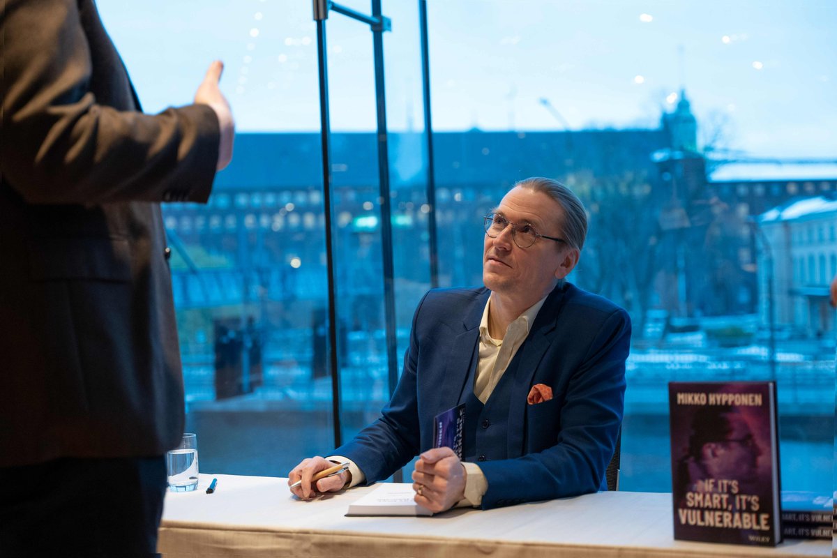 mikko's tweet photo. Get your free (and signed) copy of "If It's Smart, It's Vulnerable" at #RSAC2023. Book signing on Wednesday at 3pm and on Thursday at 11am. At WithSecure booth #1667. 
https://t.co/S7ze8f5dmO https://t.co/6GNh5OeuAJ