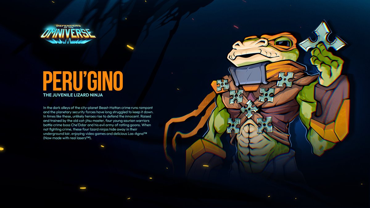 BabushkaEnt's tweet photo. And here comes the backstory of Peru’Gino, a young ninja lizard! Any resemblance to people, real or imagined, is pure coincidence! 

#DefendersOfTheOmniverse #IndieGameDev https://t.co/Mr148C0zgS